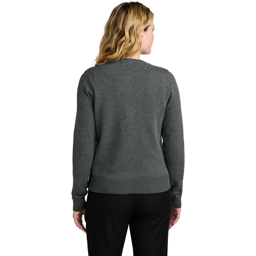 Port Authority Women's Charcoal Heather Easy Care Crewneck Cardigan Sweater