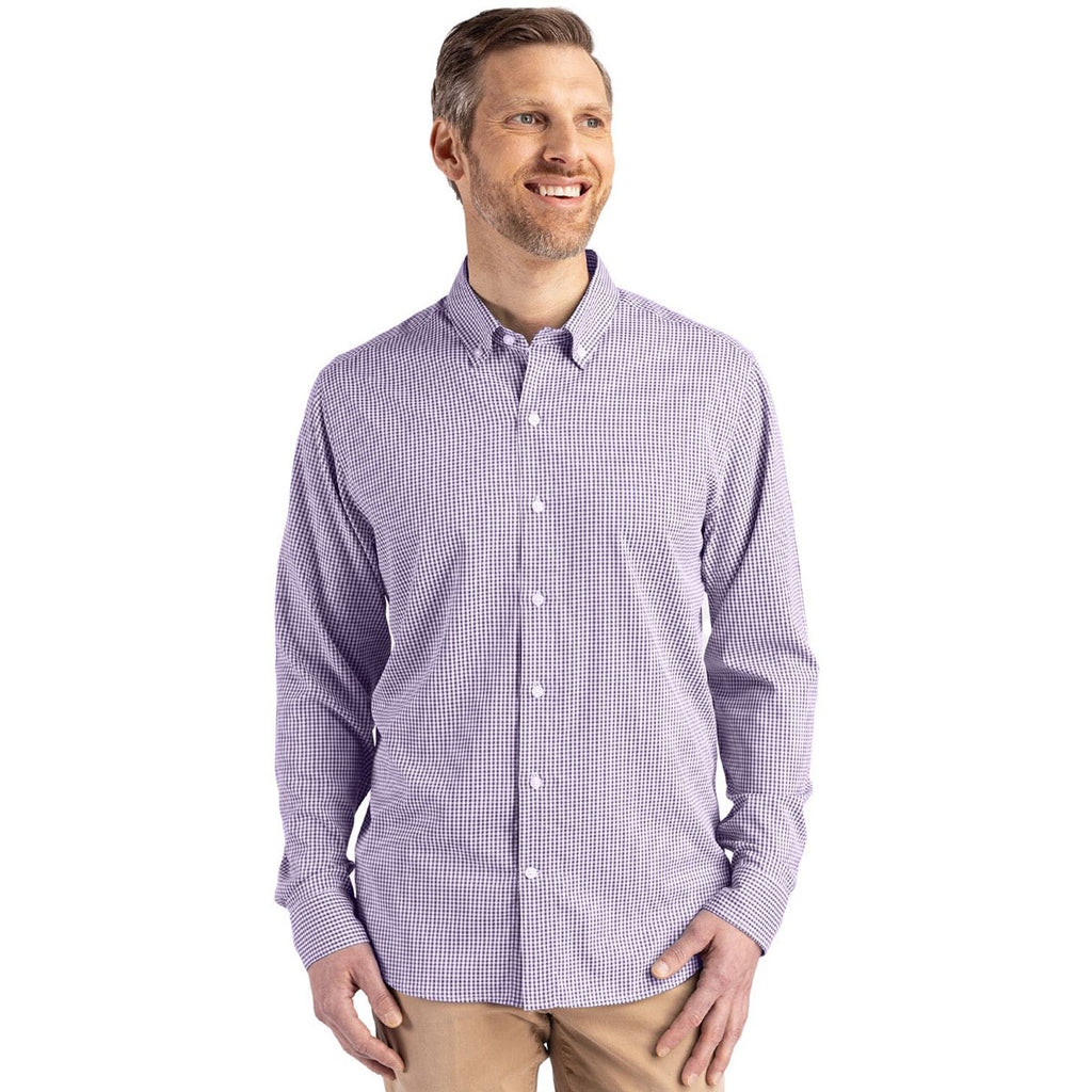 Cutter & Buck Men's College Purple/White Skyline Epic Confidence Recycled Gingham Long Sleeve Dress Shirt