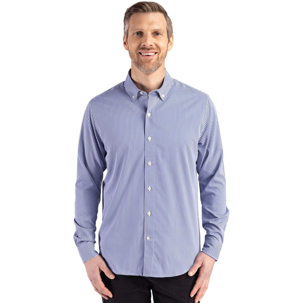 Cutter & Buck Men's Tour Blue/White Skyline Epic Confidence Recycled Gingham Long Sleeve Dress Shirt