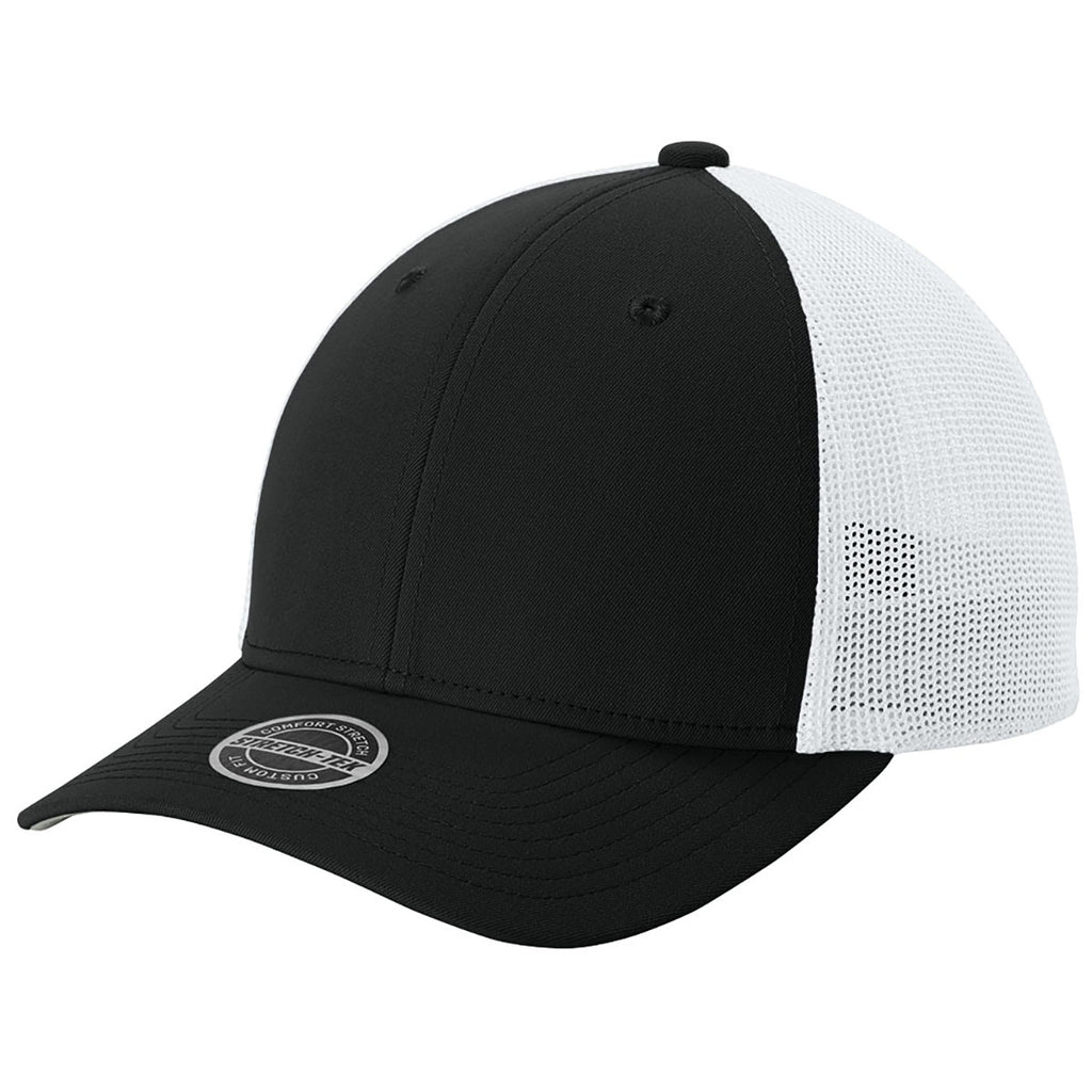 Sport-Tek Black/White Stretch-Tek Mesh Back Cap