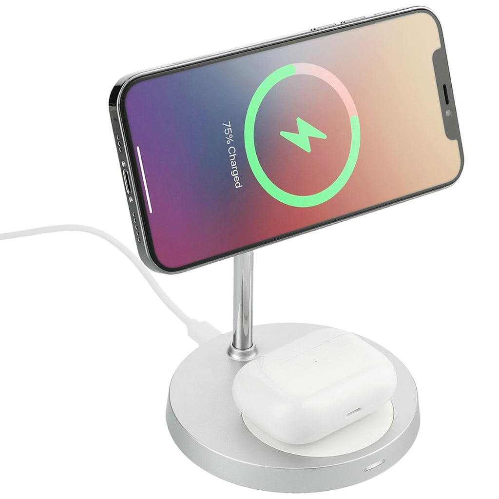 Leeds Silver MagClick Dual Fast Wireless Charging Stand with Base