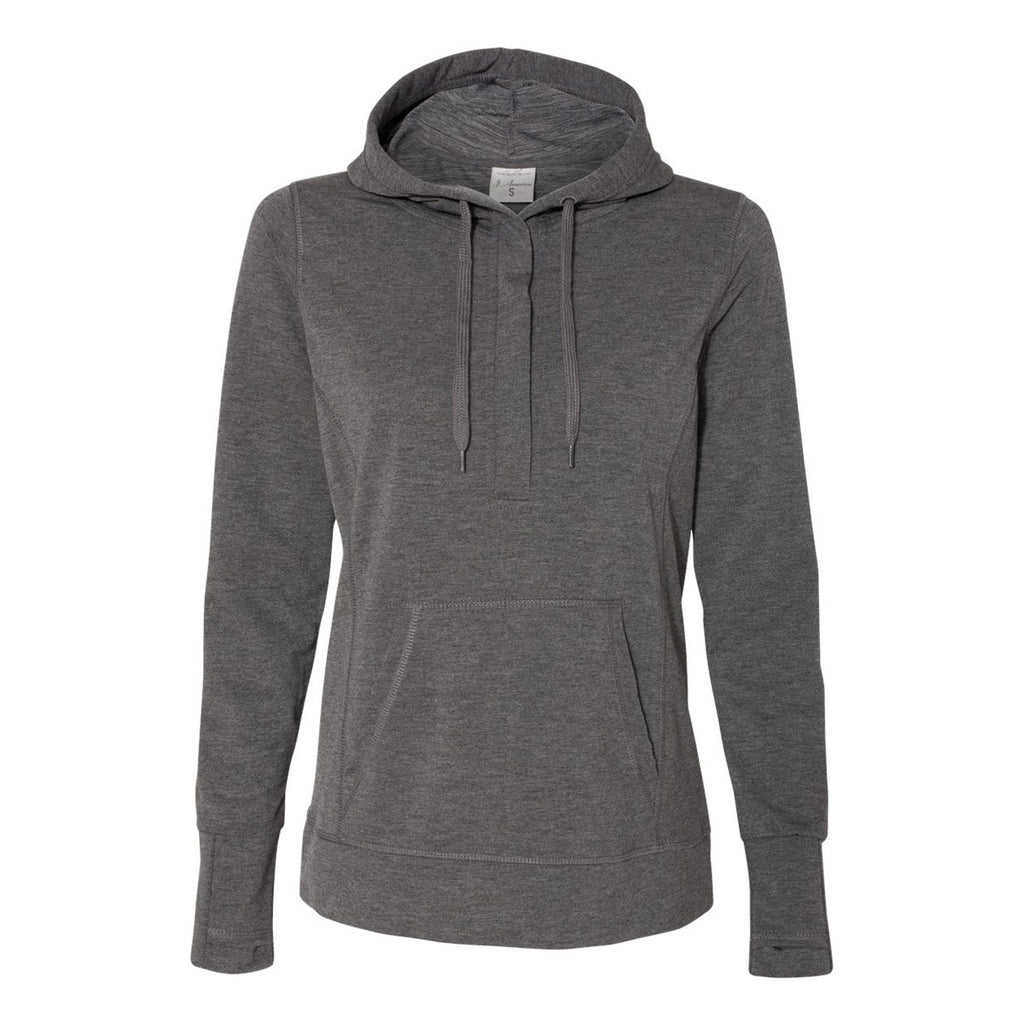 J. America Women's Charcoal Heather Omega Stretch Terry Snap Placket Hooded Pullover