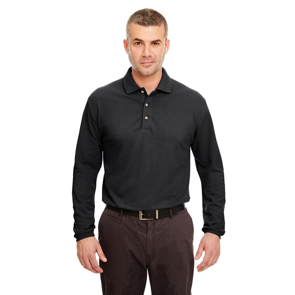 UltraClub Men's Black Long-Sleeve Classic Pique Polo