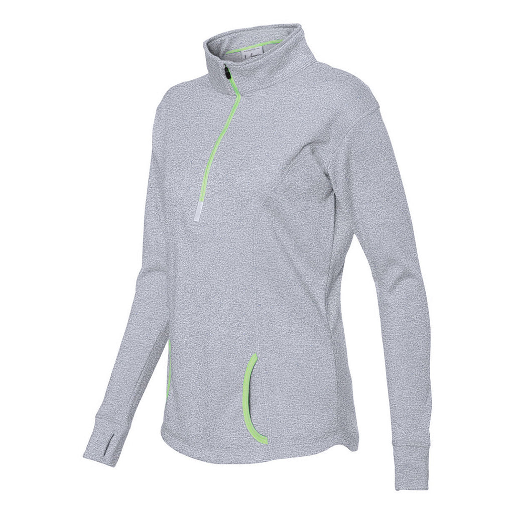 J. America Women's Ice Fleck/Neon Green Cosmic Fleece Quarter-Zip Pullover