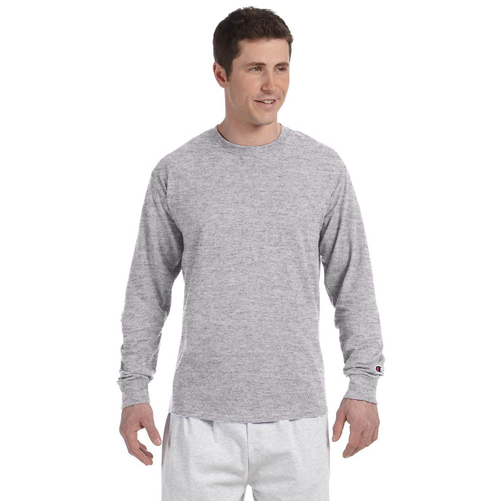 Champion Men's 5.2 oz Light Grey L/S Tagless T-Shirt