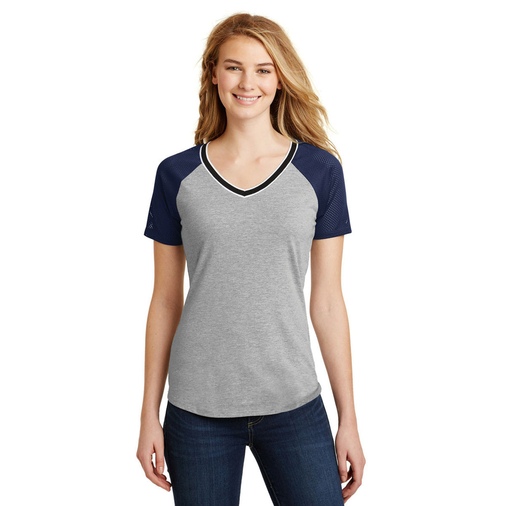 District Women's True Navy/Light Heather Grey Mesh Sleeve V-Neck Tee