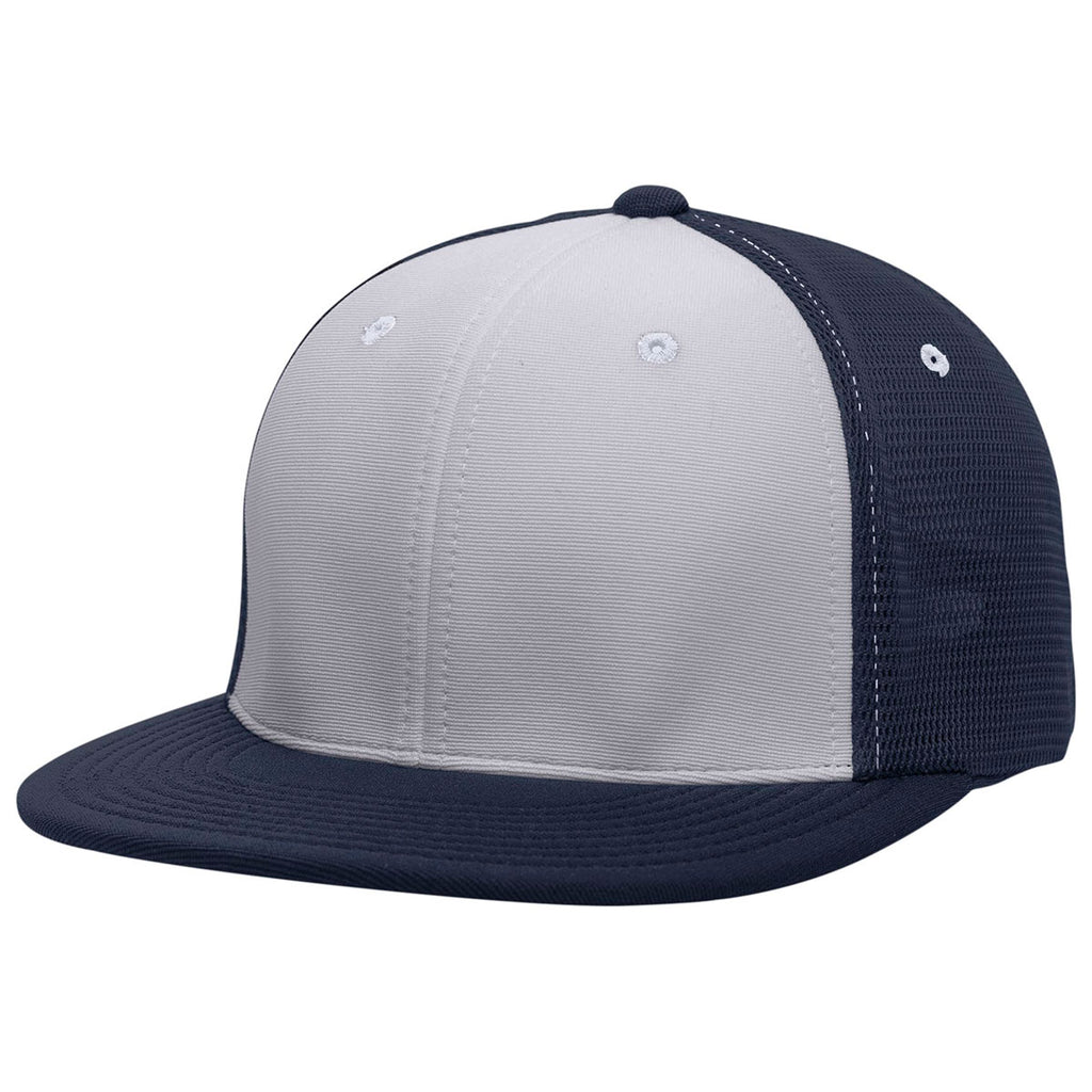 Pacific Headwear Silver/Navy/Navy Premium M2 Performance Trucker FlexFit Cap