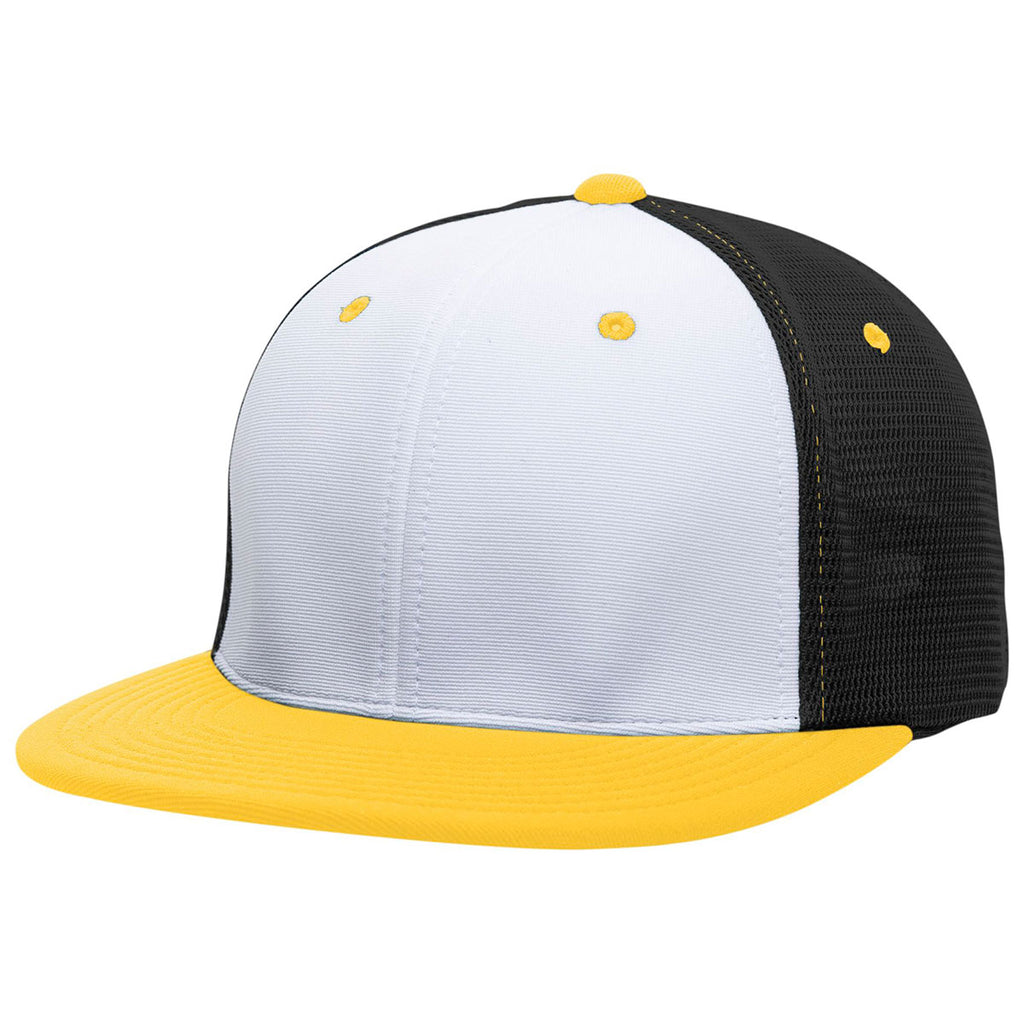 Pacific Headwear White/Black/Gold Premium M2 Performance Trucker FlexFit Cap