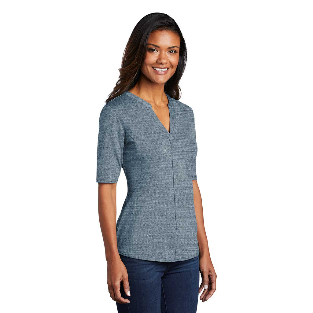 Port Authority Women's Regatta Blue/Gusty Grey Stretch Heather Open Neck Top