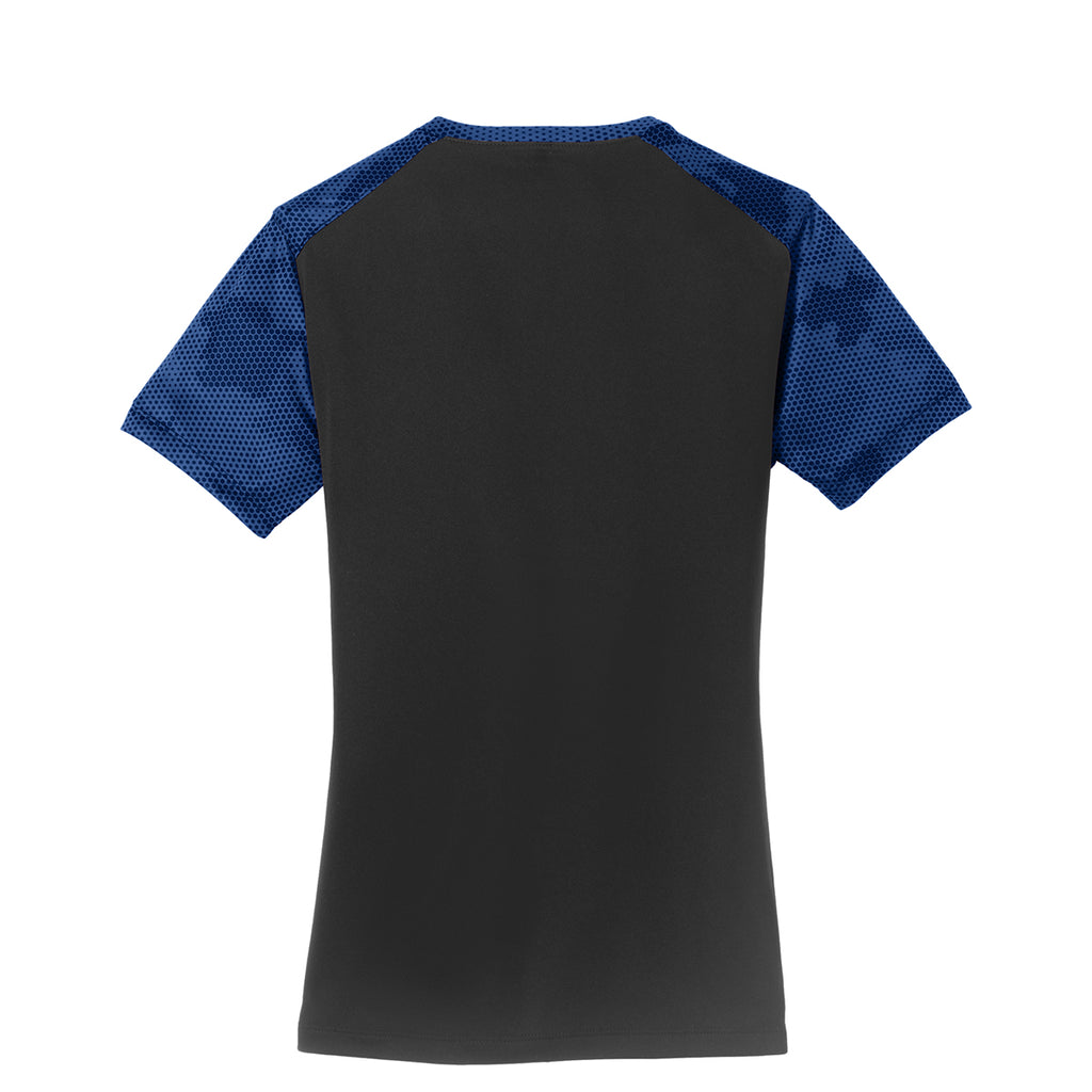 Sport-Tek Women's Black/True Royal CamoHex Colorblock V-Neck Tee