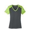 Sport-Tek Women's Iron Grey/Lime Shock CamoHex Colorblock V-Neck Tee