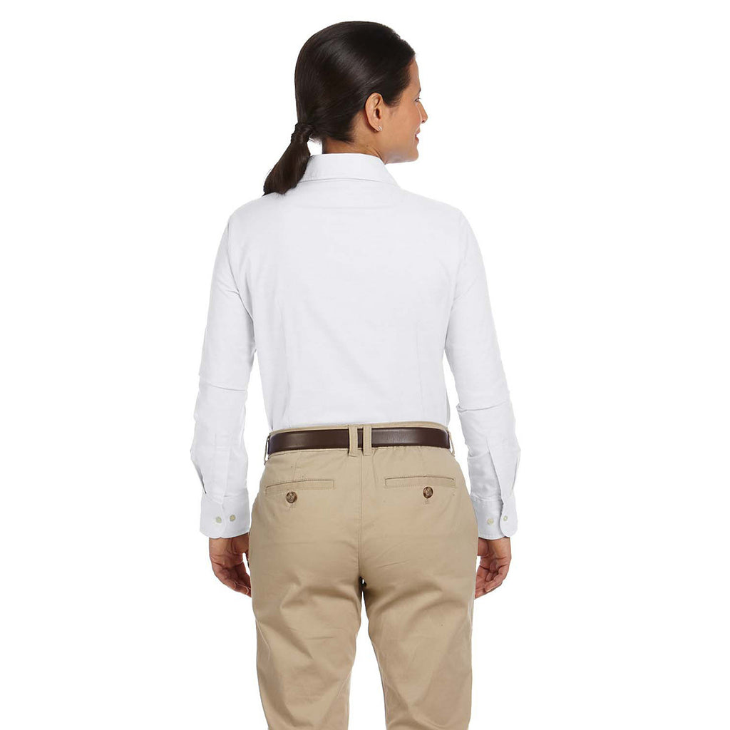 Harriton Women's White Long-Sleeve Oxford with Stain-Release