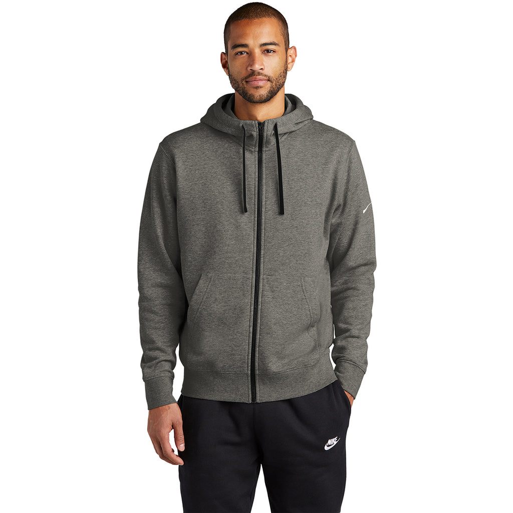 Nike Men's Charcoal Heather Club Fleece Sleeve Swoosh Full-Zip Hoodie