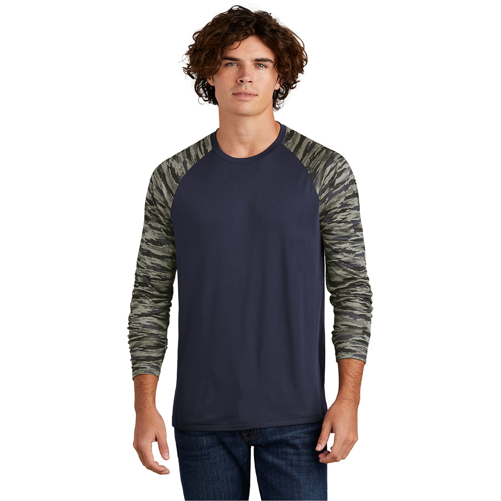 Sport-Tek Men's True Navy Drift Camo Colorblock Long Sleeve Tee