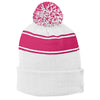 Sport-Tek Stripe White/Pink Raspberry Pom Pom Beanie